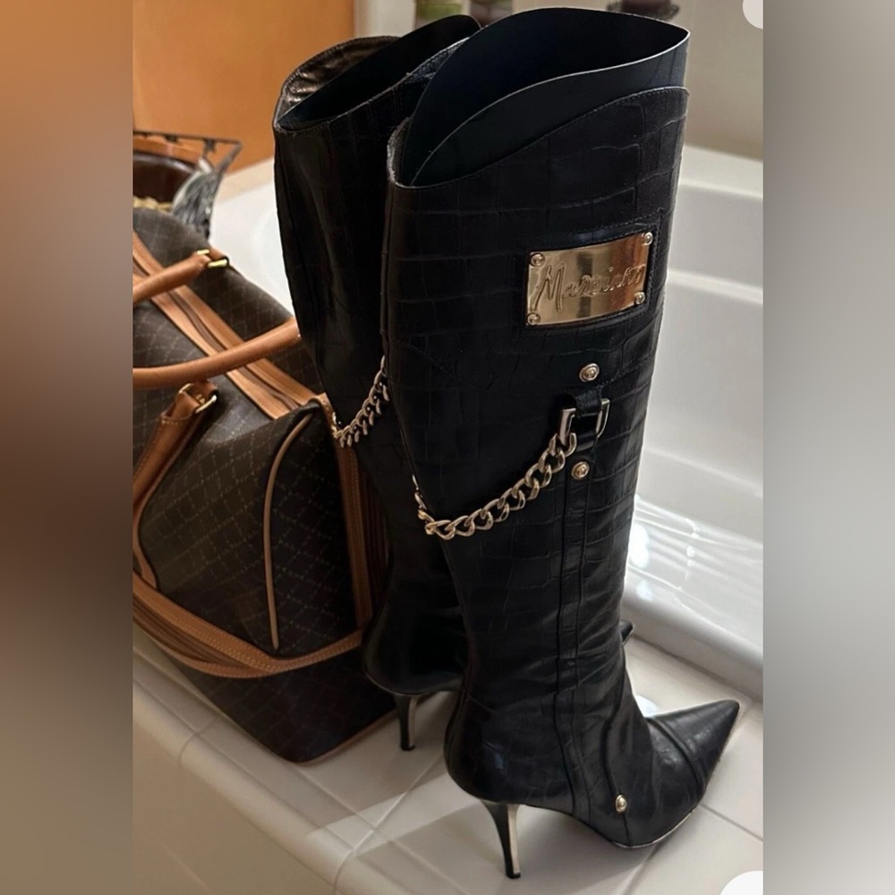 Marciano Black Croc-Embossed Heeled Boots with Gold Accents Genuine Leather